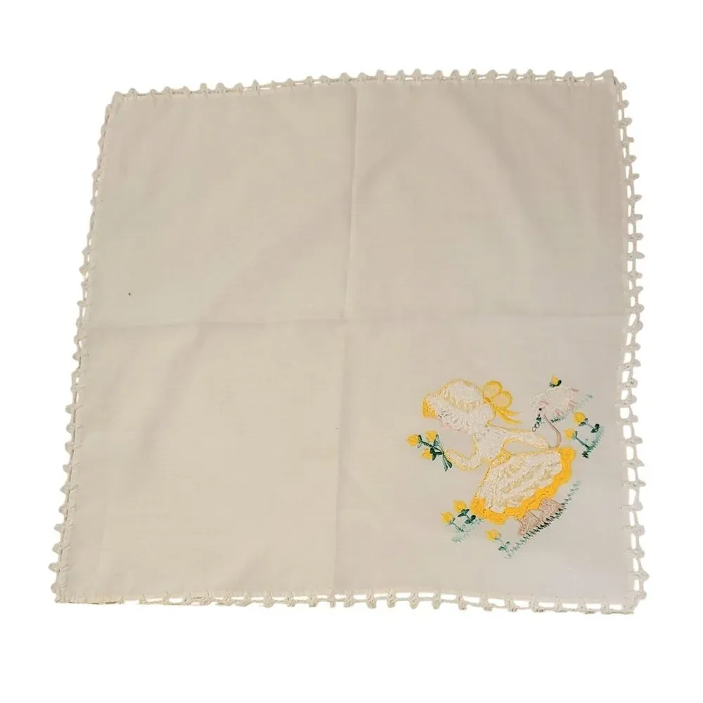 Handmade Mary Had A‎ Little Lamb Embroidered Handkerchief Lace Trim Lrg 17